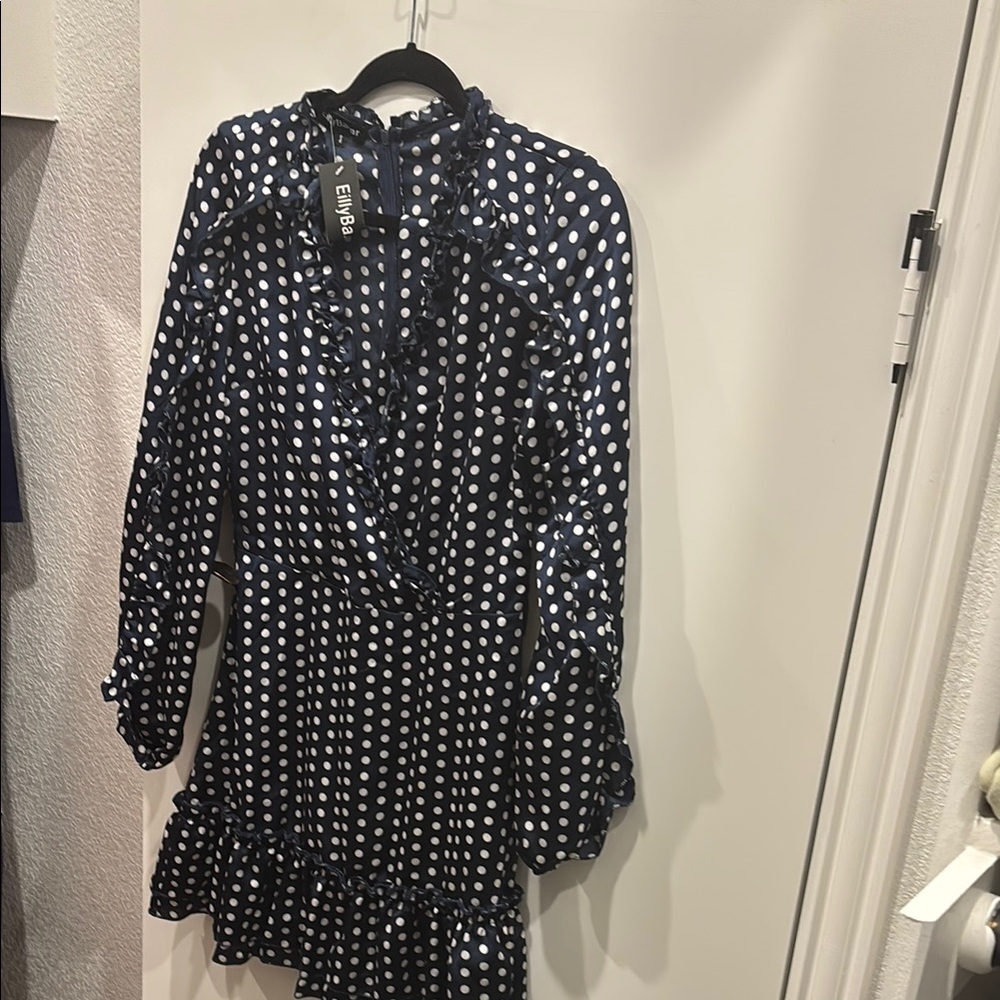 Blue and White A-line Long Sleeve Bell Sleeve Mock Neck Dress